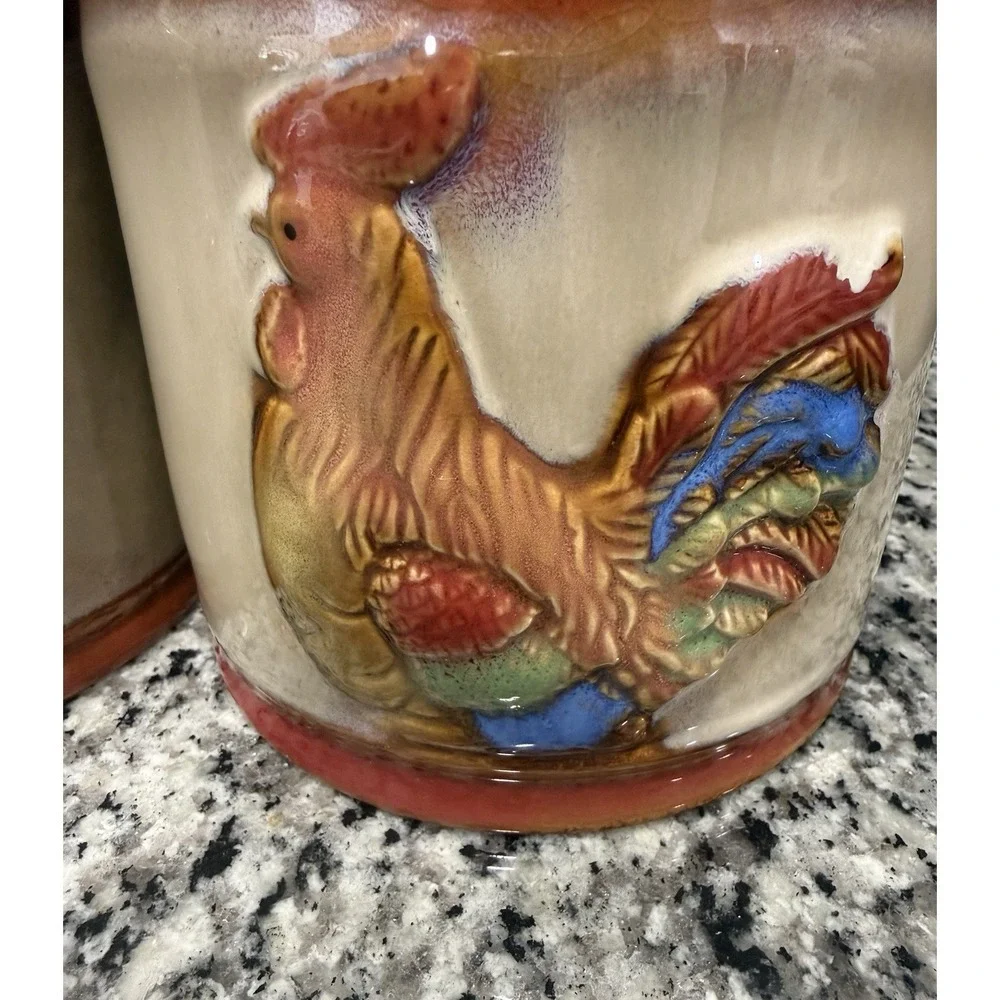 Vintage Rooster Chicken Canister Set of 3 Glazed Pottery Farmhouse Grandma Core